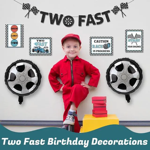 Alt view image 6 of 7 - Two Fast Birthday Decor, Race Car Party Supplies Baby Boy 2nd Birthday Decorations Racing Car Party Signs Cake Toppers Foil Balloons Banner Tablecloth Decorations for Boy,Blue