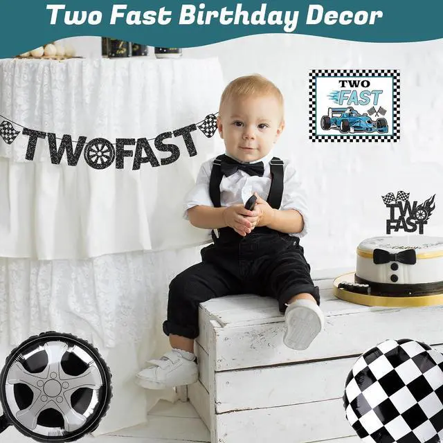 Alt view image 7 of 7 - Two Fast Birthday Decor, Race Car Party Supplies Baby Boy 2nd Birthday Decorations Racing Car Party Signs Cake Toppers Foil Balloons Banner Tablecloth Decorations for Boy,Blue