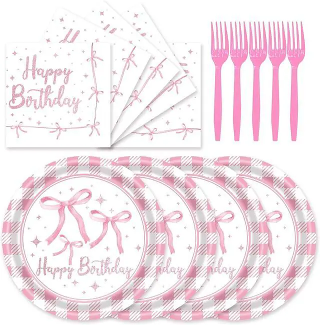 Main image of 72Pcs Pink Bow Plates and Napkins, Coquette Birthday Party Supplies Pink Bow Paper Plates and Napkins Forks Tableware Decorations for 24 Guests