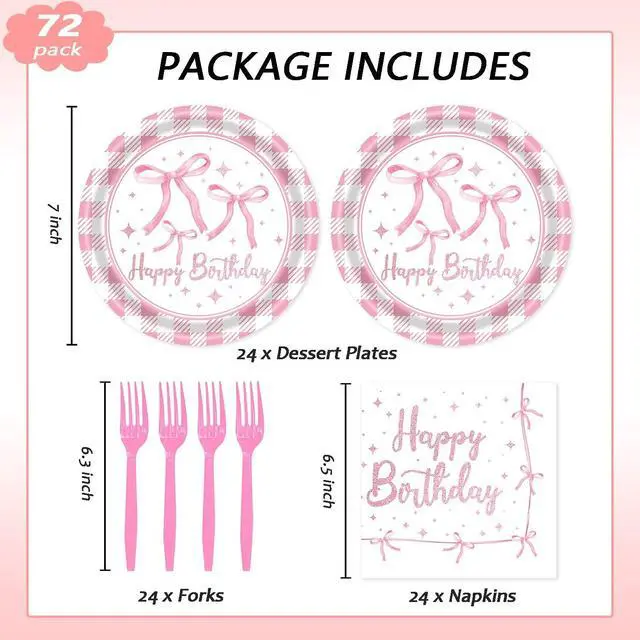 Alt view image 2 of 7 - 72Pcs Pink Bow Plates and Napkins, Coquette Birthday Party Supplies Pink Bow Paper Plates and Napkins Forks Tableware Decorations for 24 Guests