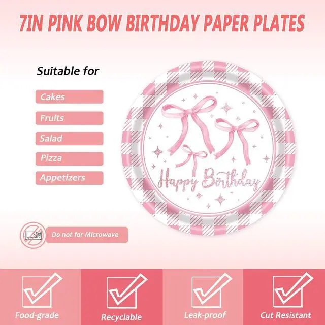 Alt view image 3 of 7 - 72Pcs Pink Bow Plates and Napkins, Coquette Birthday Party Supplies Pink Bow Paper Plates and Napkins Forks Tableware Decorations for 24 Guests
