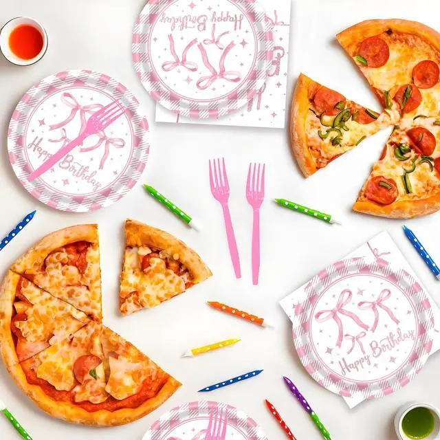 Alt view image 5 of 7 - 72Pcs Pink Bow Plates and Napkins, Coquette Birthday Party Supplies Pink Bow Paper Plates and Napkins Forks Tableware Decorations for 24 Guests