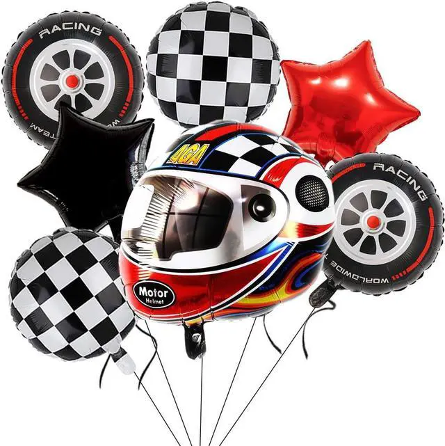 Main image of Race Car Helmet Balloons, Wheels Tire Birthday Party Supplies, Black and White Foil Checkered Balloons, Boys Bicycle Motorcycle Truck Theme Party Decorations 7 Pcs