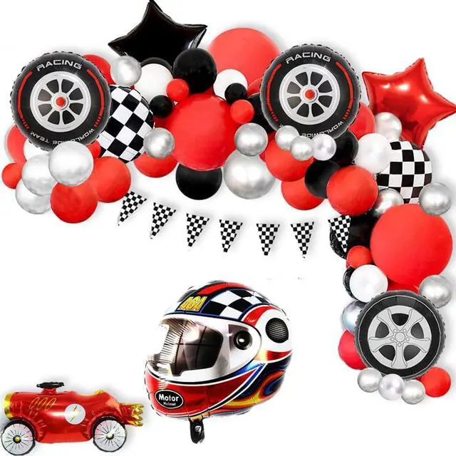 Alt view image 2 of 7 - Race Car Helmet Balloons, Wheels Tire Birthday Party Supplies, Black and White Foil Checkered Balloons, Boys Bicycle Motorcycle Truck Theme Party Decorations 7 Pcs