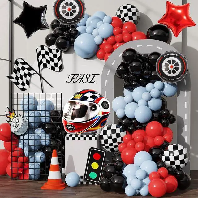 Alt view image 3 of 7 - Race Car Helmet Balloons, Wheels Tire Birthday Party Supplies, Black and White Foil Checkered Balloons, Boys Bicycle Motorcycle Truck Theme Party Decorations 7 Pcs