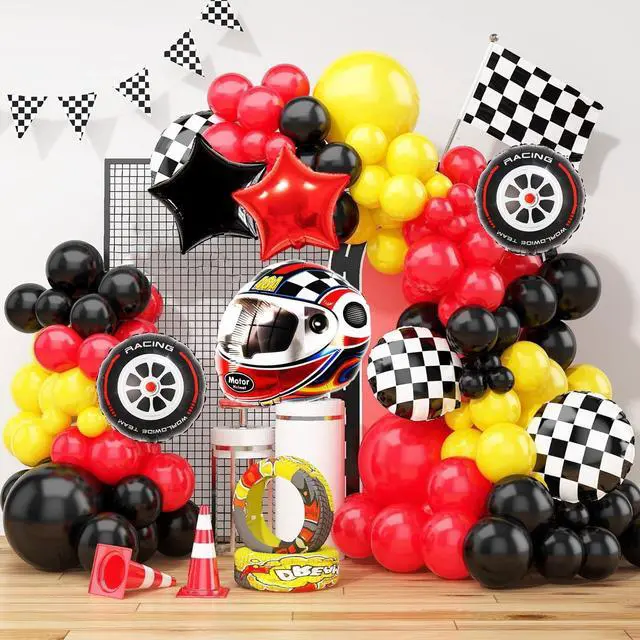 Alt view image 4 of 7 - Race Car Helmet Balloons, Wheels Tire Birthday Party Supplies, Black and White Foil Checkered Balloons, Boys Bicycle Motorcycle Truck Theme Party Decorations 7 Pcs