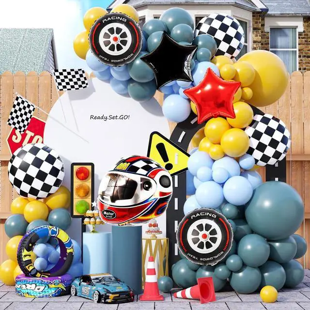 Alt view image 5 of 7 - Race Car Helmet Balloons, Wheels Tire Birthday Party Supplies, Black and White Foil Checkered Balloons, Boys Bicycle Motorcycle Truck Theme Party Decorations 7 Pcs
