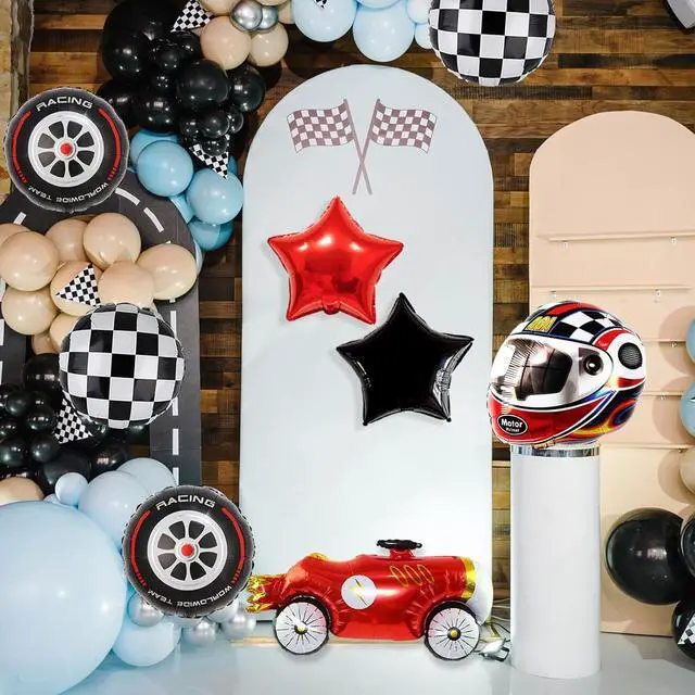 Alt view image 6 of 7 - Race Car Helmet Balloons, Wheels Tire Birthday Party Supplies, Black and White Foil Checkered Balloons, Boys Bicycle Motorcycle Truck Theme Party Decorations 7 Pcs