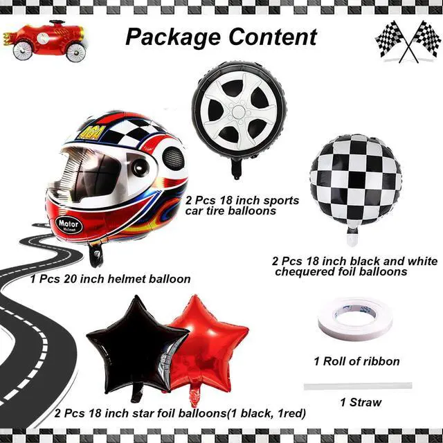 Alt view image 7 of 7 - Race Car Helmet Balloons, Wheels Tire Birthday Party Supplies, Black and White Foil Checkered Balloons, Boys Bicycle Motorcycle Truck Theme Party Decorations 7 Pcs