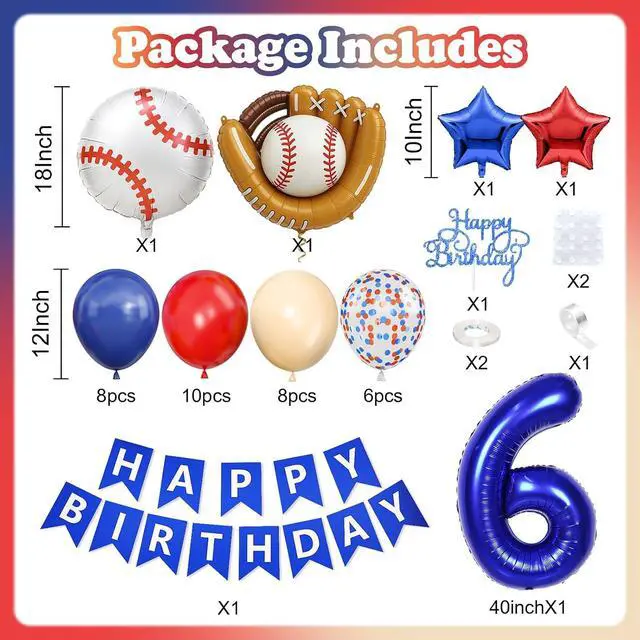 Alt view image 2 of 7 - 6th Baseball Birthday Decorations for Boys,Navy Blue Red Nude Balloons Party Decorations Banner 40-Inch Number 6 Foil Balloons Baseball Glove Cake Topper Sport Party Supplies for Kids