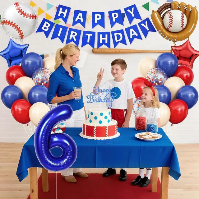 Alt view image 3 of 7 - 6th Baseball Birthday Decorations for Boys,Navy Blue Red Nude Balloons Party Decorations Banner 40-Inch Number 6 Foil Balloons Baseball Glove Cake Topper Sport Party Supplies for Kids