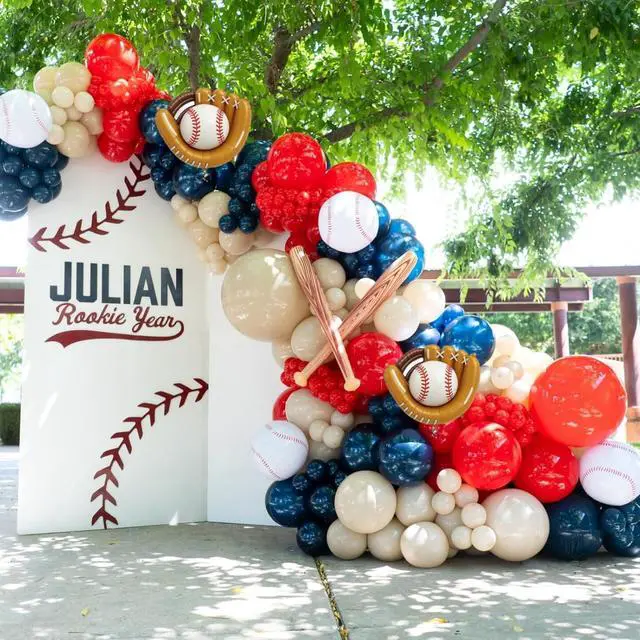Alt view image 4 of 7 - 6th Baseball Birthday Decorations for Boys,Navy Blue Red Nude Balloons Party Decorations Banner 40-Inch Number 6 Foil Balloons Baseball Glove Cake Topper Sport Party Supplies for Kids