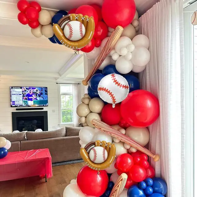 Alt view image 5 of 7 - 6th Baseball Birthday Decorations for Boys,Navy Blue Red Nude Balloons Party Decorations Banner 40-Inch Number 6 Foil Balloons Baseball Glove Cake Topper Sport Party Supplies for Kids