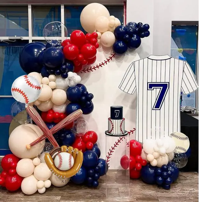 Alt view image 6 of 7 - 6th Baseball Birthday Decorations for Boys,Navy Blue Red Nude Balloons Party Decorations Banner 40-Inch Number 6 Foil Balloons Baseball Glove Cake Topper Sport Party Supplies for Kids