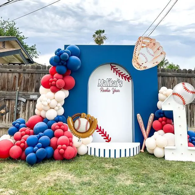 Alt view image 7 of 7 - 6th Baseball Birthday Decorations for Boys,Navy Blue Red Nude Balloons Party Decorations Banner 40-Inch Number 6 Foil Balloons Baseball Glove Cake Topper Sport Party Supplies for Kids