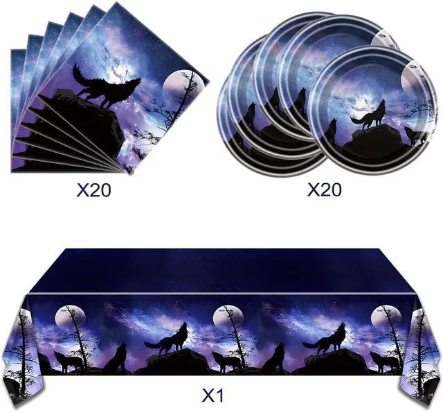 Alt view image 3 of 7 - Wolf Birthday Party Tableware Set,20 Plates and 20 Napkins and Tablecloth 86 '' x 51 '', Wolf Animal Party Decorate Supplies