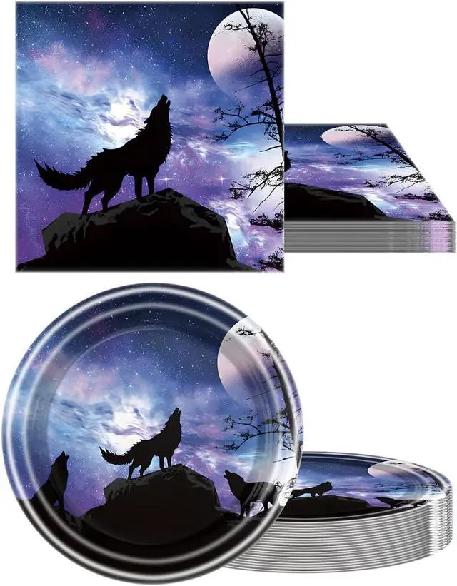 Alt view image 5 of 7 - Wolf Birthday Party Tableware Set,20 Plates and 20 Napkins and Tablecloth 86 '' x 51 '', Wolf Animal Party Decorate Supplies