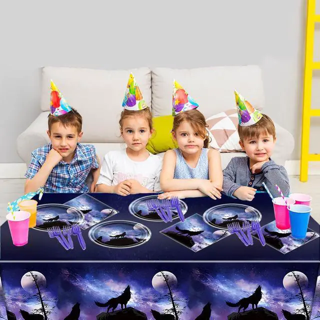 Alt view image 6 of 7 - Wolf Birthday Party Tableware Set,20 Plates and 20 Napkins and Tablecloth 86 '' x 51 '', Wolf Animal Party Decorate Supplies