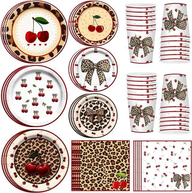 Main image of 120PCS Cheetah Print Birthday Decorations Plates, Leopard Print Party Paper Plates Napkins and Cups, Leopard Cherry Theme Disposable Dinner Plate Tableware, Animal Print Plates Party Supplies Serve 30