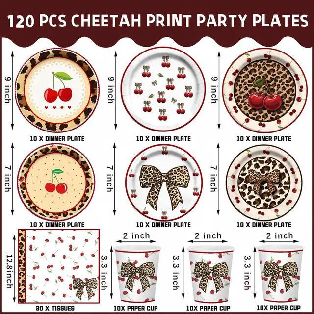 Alt view image 2 of 7 - 120PCS Cheetah Print Birthday Decorations Plates, Leopard Print Party Paper Plates Napkins and Cups, Leopard Cherry Theme Disposable Dinner Plate Tableware, Animal Print Plates Party Supplies Serve 30