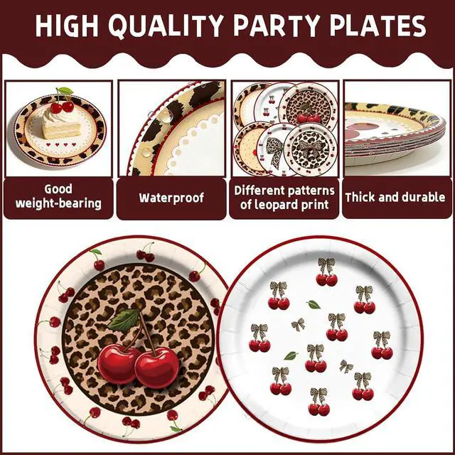 Alt view image 3 of 7 - 120PCS Cheetah Print Birthday Decorations Plates, Leopard Print Party Paper Plates Napkins and Cups, Leopard Cherry Theme Disposable Dinner Plate Tableware, Animal Print Plates Party Supplies Serve 30