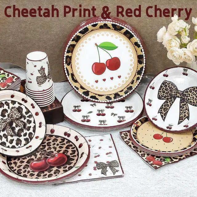 Alt view image 4 of 7 - 120PCS Cheetah Print Birthday Decorations Plates, Leopard Print Party Paper Plates Napkins and Cups, Leopard Cherry Theme Disposable Dinner Plate Tableware, Animal Print Plates Party Supplies Serve 30