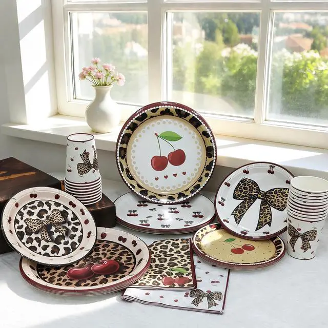 Alt view image 7 of 7 - 120PCS Cheetah Print Birthday Decorations Plates, Leopard Print Party Paper Plates Napkins and Cups, Leopard Cherry Theme Disposable Dinner Plate Tableware, Animal Print Plates Party Supplies Serve 30