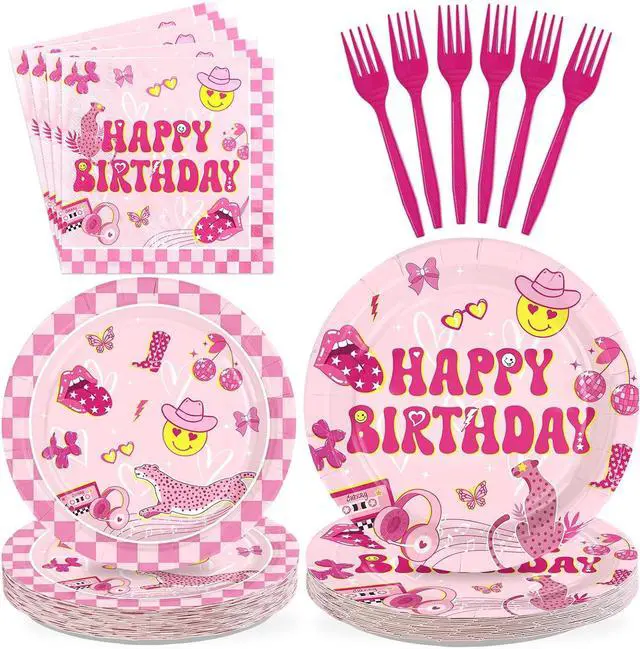 Main image of 96Pcs Pink Checkered Preppy Graduation Decoration Pink Smiley Face Preppy Plates and Napkins Smile Face Y2k Tableware Set for Girls Graduation Birthday School Party Supplies Serves 24