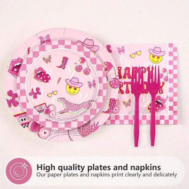 Alt view image 2 of 7 - 96Pcs Pink Checkered Preppy Graduation Decoration Pink Smiley Face Preppy Plates and Napkins Smile Face Y2k Tableware Set for Girls Graduation Birthday School Party Supplies Serves 24