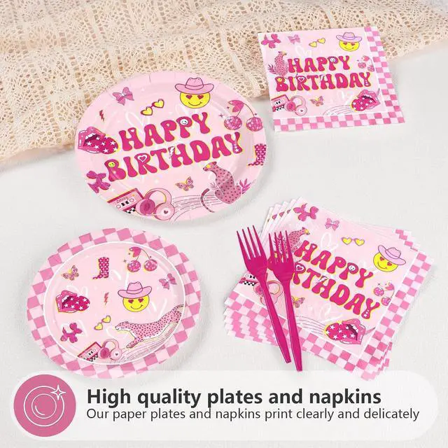 Alt view image 3 of 7 - 96Pcs Pink Checkered Preppy Graduation Decoration Pink Smiley Face Preppy Plates and Napkins Smile Face Y2k Tableware Set for Girls Graduation Birthday School Party Supplies Serves 24