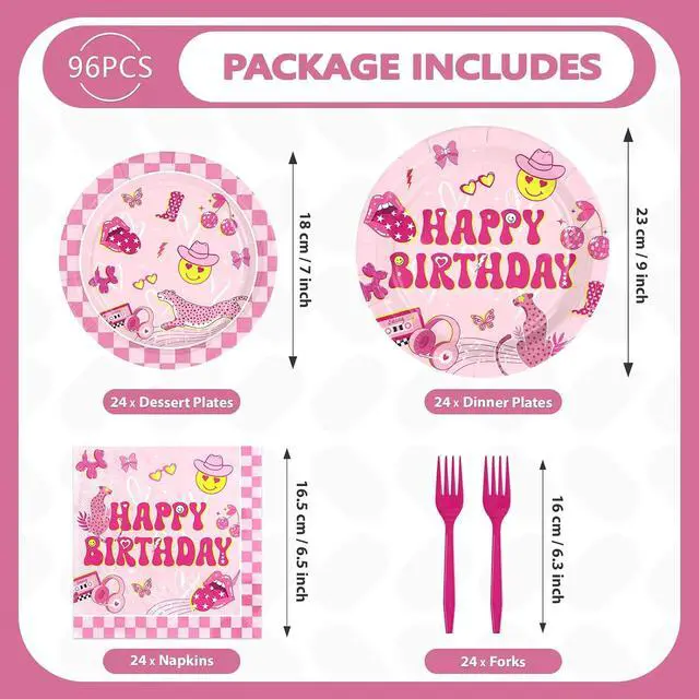 Alt view image 5 of 7 - 96Pcs Pink Checkered Preppy Graduation Decoration Pink Smiley Face Preppy Plates and Napkins Smile Face Y2k Tableware Set for Girls Graduation Birthday School Party Supplies Serves 24