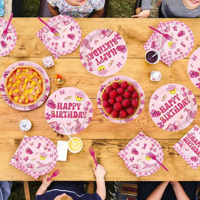 Alt view image 7 of 7 - 96Pcs Pink Checkered Preppy Graduation Decoration Pink Smiley Face Preppy Plates and Napkins Smile Face Y2k Tableware Set for Girls Graduation Birthday School Party Supplies Serves 24
