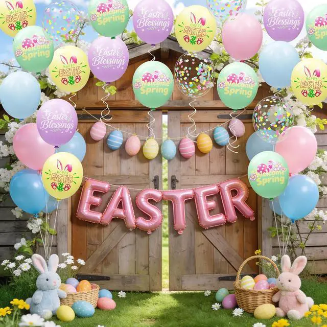 Alt view image 2 of 7 - 68 Pack Pastel Easter Balloons Easter Party Decorations - 12 Inch Rainbow Spring Balloons with Ribbons - Easter Party Supplies Indoor Outdoor for Egg Hunt, Spring Home Classroom Office Decor