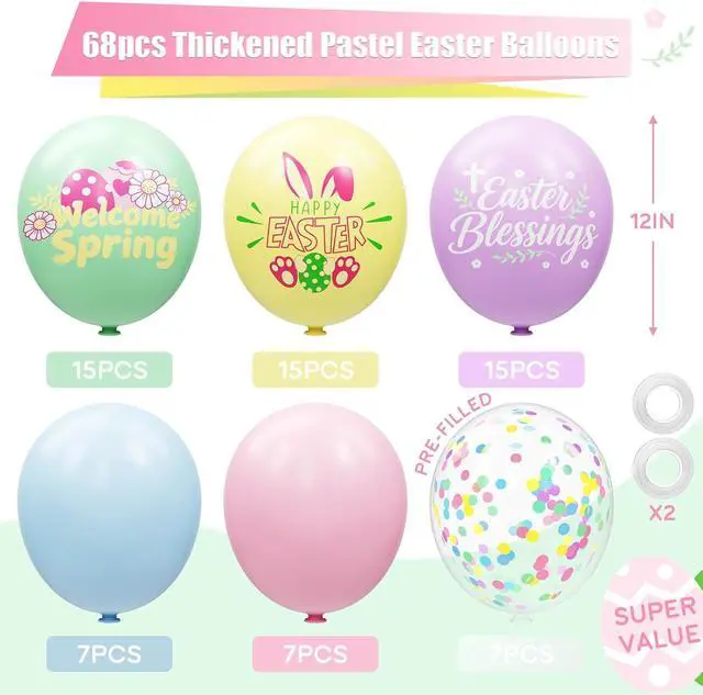 Alt view image 3 of 7 - 68 Pack Pastel Easter Balloons Easter Party Decorations - 12 Inch Rainbow Spring Balloons with Ribbons - Easter Party Supplies Indoor Outdoor for Egg Hunt, Spring Home Classroom Office Decor