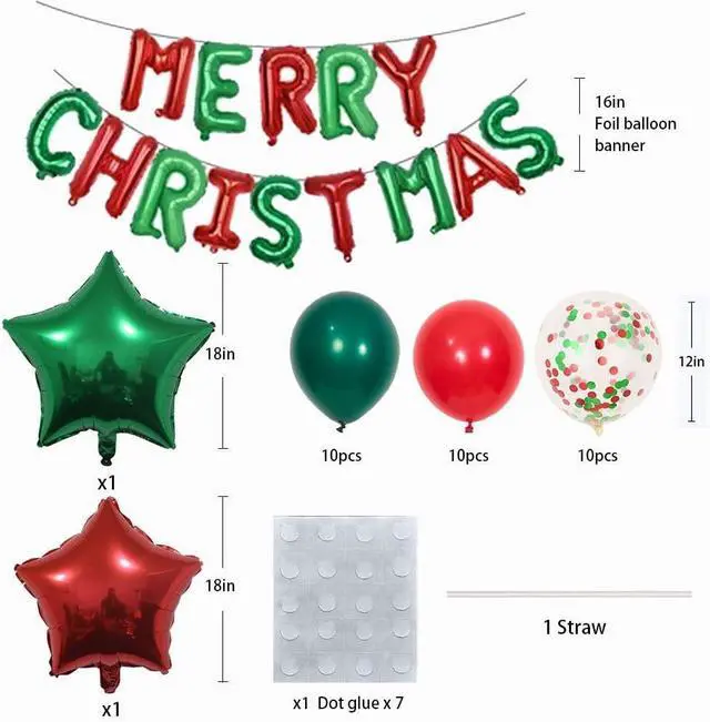 Alt view image 2 of 6 - Merry Christmas Balloons Banner 13pcs Aluminum Foil 16 Inch Letters with 2pcs 18 Inch Star Balloons 30pcs Red Green Confetti Balloon for Christmas Party Decorations
