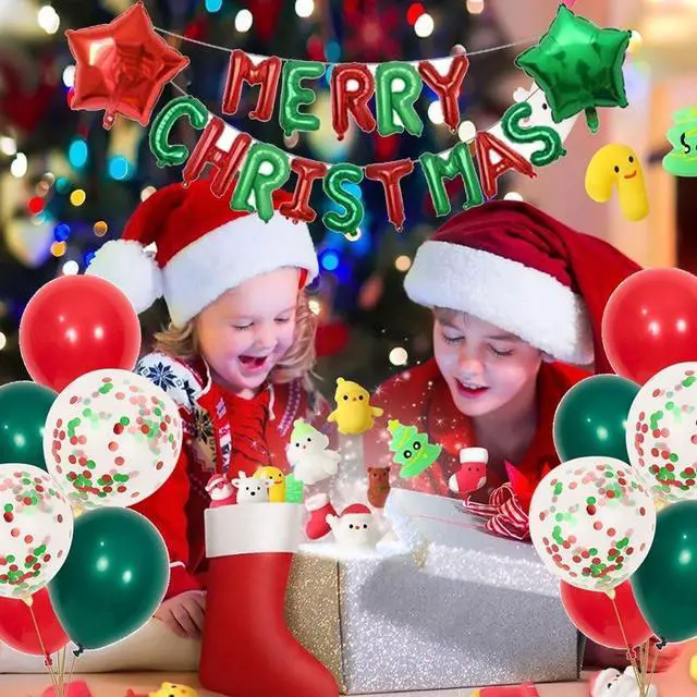 Alt view image 5 of 6 - Merry Christmas Balloons Banner 13pcs Aluminum Foil 16 Inch Letters with 2pcs 18 Inch Star Balloons 30pcs Red Green Confetti Balloon for Christmas Party Decorations