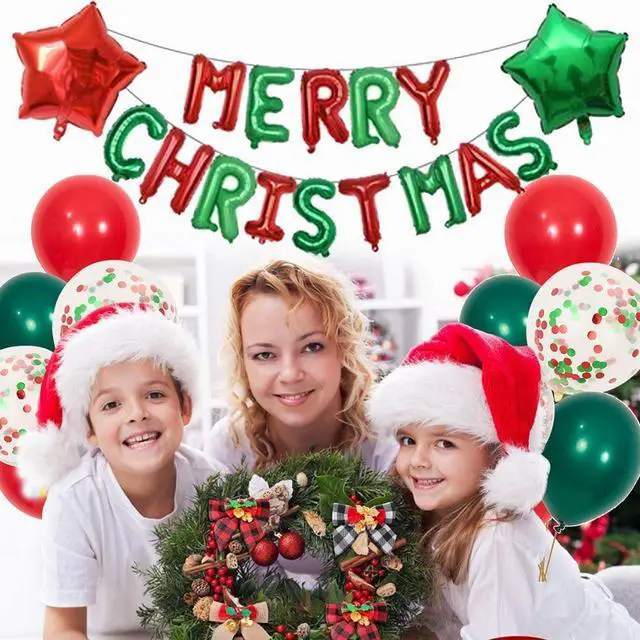 Alt view image 6 of 6 - Merry Christmas Balloons Banner 13pcs Aluminum Foil 16 Inch Letters with 2pcs 18 Inch Star Balloons 30pcs Red Green Confetti Balloon for Christmas Party Decorations