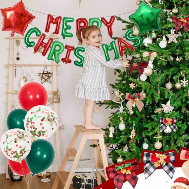 Alt view image 3 of 6 - Merry Christmas Balloons Banner 13pcs Aluminum Foil 16 Inch Letters with 2pcs 18 Inch Star Balloons 30pcs Red Green Confetti Balloon for Christmas Party Decorations