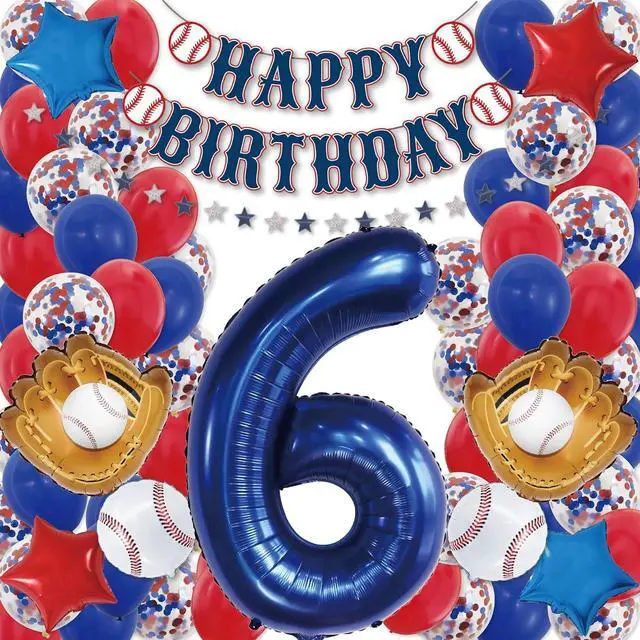 Main image of Baseball Birthday Decorations 81PCS Party Set with 40 Number 6 Jumbo Balloon, Baseball Banner, Gloves, Balls, Blue & Red Balloons, Confetti & 18 Stars | Baseball Party Supplies (6)