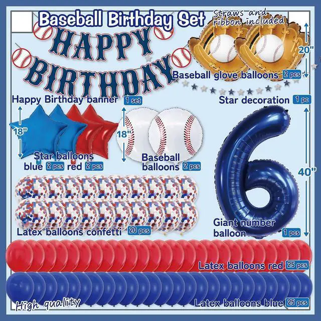 Alt view image 2 of 7 - Baseball Birthday Decorations 81PCS Party Set with 40 Number 6 Jumbo Balloon, Baseball Banner, Gloves, Balls, Blue & Red Balloons, Confetti & 18 Stars | Baseball Party Supplies (6)