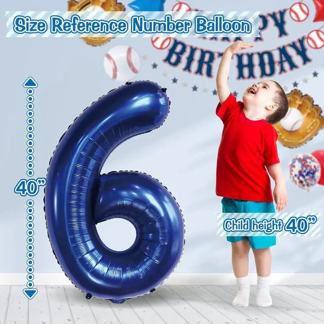 Alt view image 3 of 7 - Baseball Birthday Decorations 81PCS Party Set with 40 Number 6 Jumbo Balloon, Baseball Banner, Gloves, Balls, Blue & Red Balloons, Confetti & 18 Stars | Baseball Party Supplies (6)