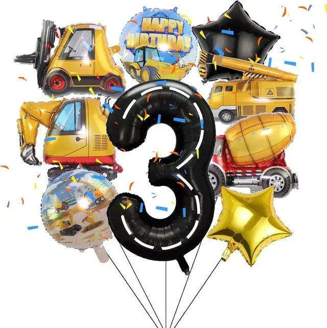 Main image of Construction Birthday Party Decorations - 9pcs Number Foil Balloon for 3rd Birthday Trucks Theme Party Supplies