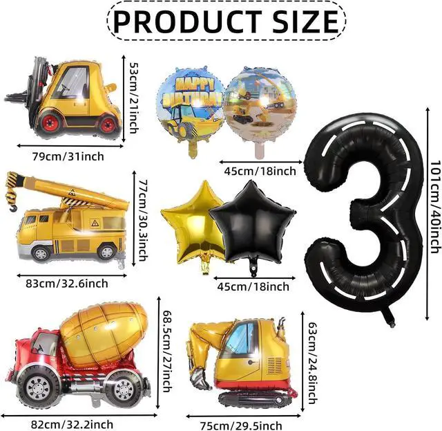 Alt view image 2 of 7 - Construction Birthday Party Decorations - 9pcs Number Foil Balloon for 3rd Birthday Trucks Theme Party Supplies