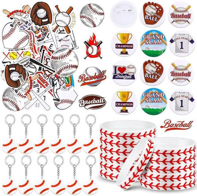 Main image of Tondiamo 86 Pcs Baseball Team Gifts Baseball Party Favors Supplies with 12 Silicone Bracelets, 12 Key Chains, 12 Pin Badges, 50 Waterproof Stickers for Baseballs Birthday Souvenir(Classic)