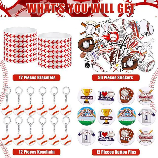 Alt view image 2 of 6 - Tondiamo 86 Pcs Baseball Team Gifts Baseball Party Favors Supplies with 12 Silicone Bracelets, 12 Key Chains, 12 Pin Badges, 50 Waterproof Stickers for Baseballs Birthday Souvenir(Classic)