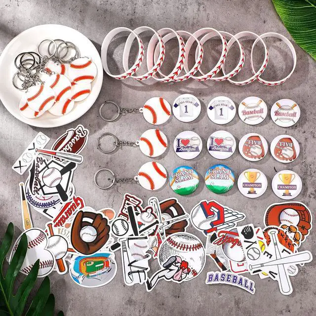 Alt view image 4 of 6 - Tondiamo 86 Pcs Baseball Team Gifts Baseball Party Favors Supplies with 12 Silicone Bracelets, 12 Key Chains, 12 Pin Badges, 50 Waterproof Stickers for Baseballs Birthday Souvenir(Classic)
