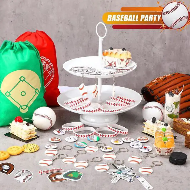 Alt view image 5 of 6 - Tondiamo 86 Pcs Baseball Team Gifts Baseball Party Favors Supplies with 12 Silicone Bracelets, 12 Key Chains, 12 Pin Badges, 50 Waterproof Stickers for Baseballs Birthday Souvenir(Classic)