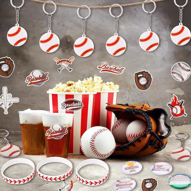Alt view image 6 of 6 - Tondiamo 86 Pcs Baseball Team Gifts Baseball Party Favors Supplies with 12 Silicone Bracelets, 12 Key Chains, 12 Pin Badges, 50 Waterproof Stickers for Baseballs Birthday Souvenir(Classic)