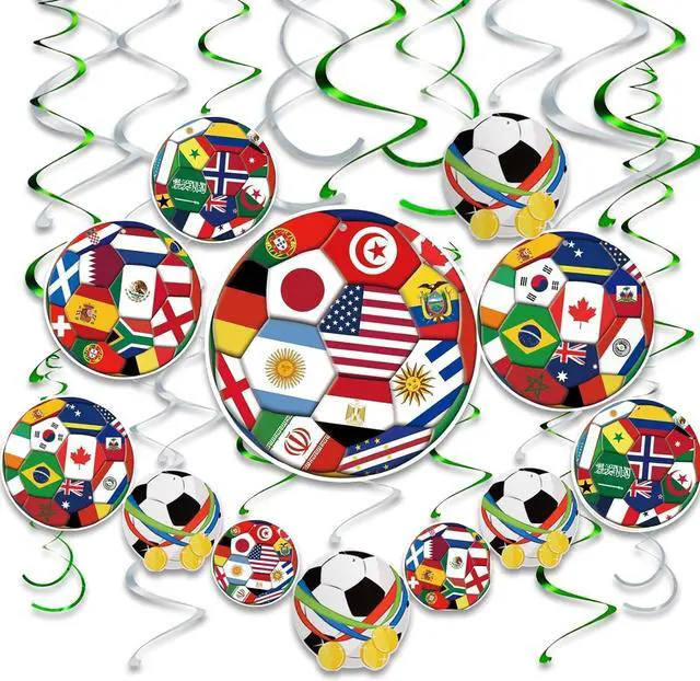 Main image of AhfuLife 24pcs Soccer Hanging Swirls for Party Decorations 2026, 12Pcs Soccer Flag Hanging Swirls and 12pcs Hanging Swirls for World Cup Home Party Decorations