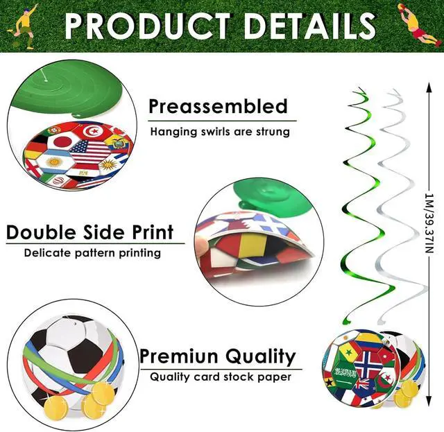 Alt view image 3 of 7 - AhfuLife 24pcs Soccer Hanging Swirls for Party Decorations 2026, 12Pcs Soccer Flag Hanging Swirls and 12pcs Hanging Swirls for World Cup Home Party Decorations